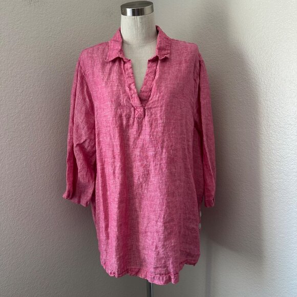 Tahari Pink Linen 3/4 Sleeve Button Side Popover Tunic Shirt With Collar Sz 1X - Picture 1 of 8